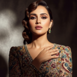 Glamorous portrait of Wamiqa Gabbi wearing a vintage-style emerald green saree with elegant jewelry and expressive eyes.