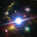 James Webb Space Telescope rendering of a massive black hole star glowing intensely in the early universe