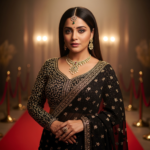 A stunning and high-fashion portrait of actress Triptii Dimri posing in a traditional yet modern outfit, highlighting her expressive eyes and elegant features.