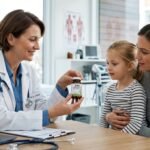 A pediatric doctor explains the benefits of zinc supplements to a young patient with sickle cell anaemia in a bright hospital room.