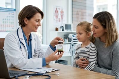 A pediatric doctor explains the benefits of zinc supplements to a young patient with sickle cell anaemia in a bright hospital room.