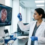 A medical researcher in a laboratory analyzing blood samples with advanced diagnostic technology.