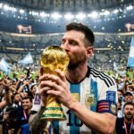 Lionel Messi smiling and holding the FIFA World Cup trophy with gold confetti falling in the background.