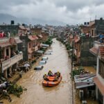 Aerial view of submerged neighborhoods in Kathmandu after the Bagmati River overflowed its banks during the 2024 flash floods.