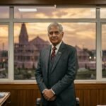 A portrait of Air Marshal (retd.) Jeetendra Mishra in a professional setting, symbolizing his new role as the CEO of the Ram Temple trust.