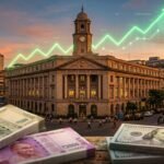 Indian currency notes and US dollar bills placed alongside a financial growth chart representing the Rupee's appreciation.