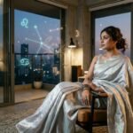 An ethereal editorial image of a Cancerian woman in silver silk, surrounded by holographic zodiac charts and Indian luxury decor.