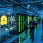 A conceptual illustration of a glowing green Nvidia GPU connected by digital neural pathways to the Hugging Face mascot logo in a futuristic data center.
