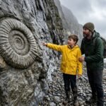 A young boy and his father standing on a rocky Welsh beach next to a massive spiral-shaped ammonite fossil embedded in the grey limestone cliff.