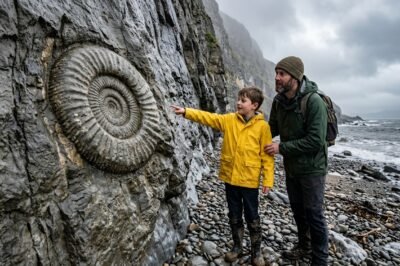 A young boy and his father standing on a rocky Welsh beach next to a massive spiral-shaped ammonite fossil embedded in the grey limestone cliff.