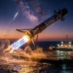SpaceX Falcon 9 booster performing a controlled landing on a droneship in the Atlantic Ocean after launching the Roman Space Telescope.