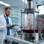 A high-tech laboratory setting featuring a translucent biomechanical heart simulator undergoing fluid dynamics testing.
