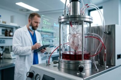 A high-tech laboratory setting featuring a translucent biomechanical heart simulator undergoing fluid dynamics testing.