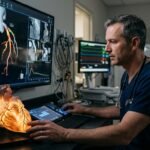 A clinical visualization of blood vessels affected by vasculitis inflammation alongside a digital heart monitoring interface.