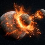 A high-resolution 3D simulation showing the catastrophic collision between Earth and Theia, with a massive plume of debris forming the Moon.