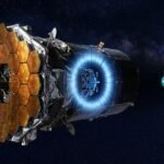 A high-tech illustration of the Nancy Grace Roman Space Telescope deploying its coronagraph to block starlight and reveal a hidden exoplanet.
