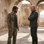 A dramatic cinematic confrontation between Vijay Deverakonda and Arnold Vosloo in the Ranabaali teaser.