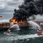 A massive cargo ship engulfed in thick black smoke and orange flames in the middle of the ocean with rescue ships nearby.