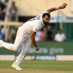 Mohammed Shami in mid-action during a training session, focusing intensely on his bowling delivery.