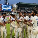 East Zone cricket team celebrating with the Duleep Trophy trophy on the field after defeating South Zone.