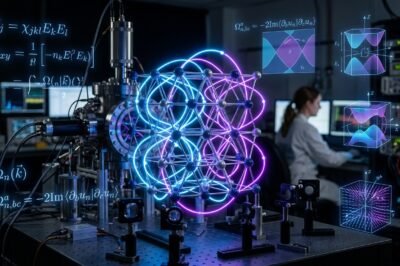 A detailed 3D visualization of the Hall effect within a crystalline lattice structure showing non-linear electron paths and quantum Berry curvature.