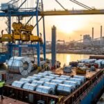 A professional industrial photograph of a massive Indian port where cranes are loading rolls of steel coils onto a cargo ship bound for the European Union.