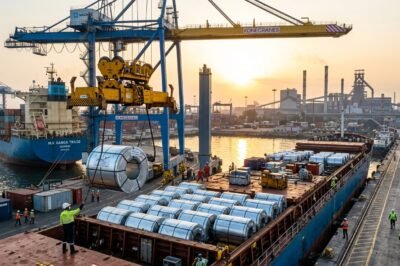 A professional industrial photograph of a massive Indian port where cranes are loading rolls of steel coils onto a cargo ship bound for the European Union.
