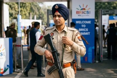 A Delhi Police officer in uniform holding a firearm, symbolizing the security breach and subsequent inquiry.