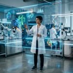A futuristic laboratory with a scientist interacting with a 3D holographic molecular model and AI-generated data charts.