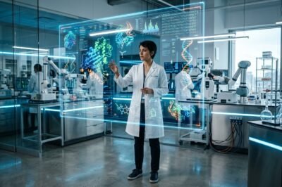 A futuristic laboratory with a scientist interacting with a 3D holographic molecular model and AI-generated data charts.