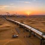 Aerial view of an industrial oil pipeline stretching across the Saudi Arabian desert landscape.