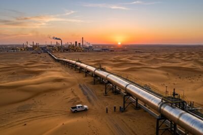 Aerial view of an industrial oil pipeline stretching across the Saudi Arabian desert landscape.