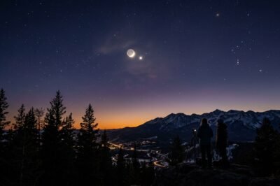 A brilliant white Venus shining brightly next to a thin, glowing crescent moon in a dark twilight sky.