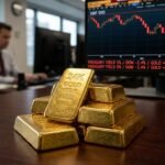 A dramatic financial chart showing gold's downward price movement alongside rising oil prices and U.S. Treasury yield indicators.