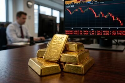 A dramatic financial chart showing gold's downward price movement alongside rising oil prices and U.S. Treasury yield indicators.