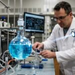A detailed laboratory setup featuring a glowing blue chemical reaction in a flask, symbolizing the breakthrough in hydrogen radical chemistry.