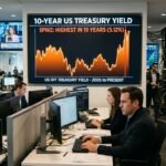 A financial market display showing a steep upward trend line for US Treasury bond yields against a background of oil refinery silhouettes.
