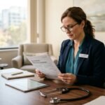 A clinical psychiatrist in a modern office environment reviews a document labeled Adult ADHD Clinical Guidelines while holding a digital tablet.