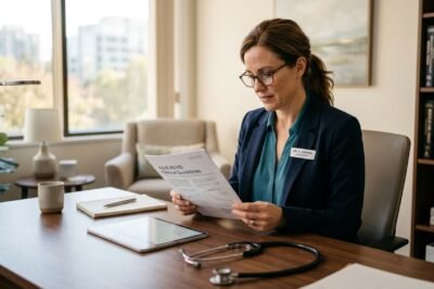 A clinical psychiatrist in a modern office environment reviews a document labeled Adult ADHD Clinical Guidelines while holding a digital tablet.