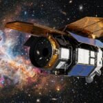 Artist's impression of NASA's Nancy Grace Roman Space Telescope observing distant galaxies in the infrared spectrum.