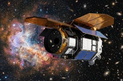 Artist's impression of NASA's Nancy Grace Roman Space Telescope observing distant galaxies in the infrared spectrum.