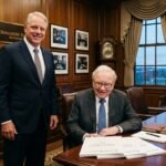 Howard G. Buffett and Warren Buffett sitting together at a Berkshire Hathaway annual meeting, symbolizing the transition of leadership.