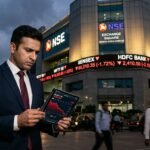 Stock market trading floor showing red indices on large screens with stressed traders.