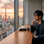 A professional portrait of game designer Hideo Kojima in a minimalist studio setting, representing his new era of independence.