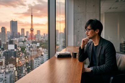A professional portrait of game designer Hideo Kojima in a minimalist studio setting, representing his new era of independence.
