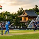 Indian and Japanese cricketers shaking hands during a high-stakes T20 international match under bright stadium lights at Sano International Cricket Ground.