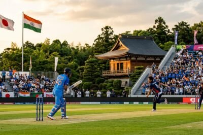Indian and Japanese cricketers shaking hands during a high-stakes T20 international match under bright stadium lights at Sano International Cricket Ground.