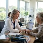 A compassionate doctor listening intently to a patient in a bright consultation room.