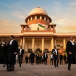 A wide-angle, authoritative photograph of the Supreme Court of India building, symbolizing the site of high-level judicial deliberation on administrative law.