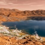 A detailed 3D visualization of ancient Mars showing a large crater lake, river deltas, and steam rising from hydrothermal vents under a thick atmosphere.